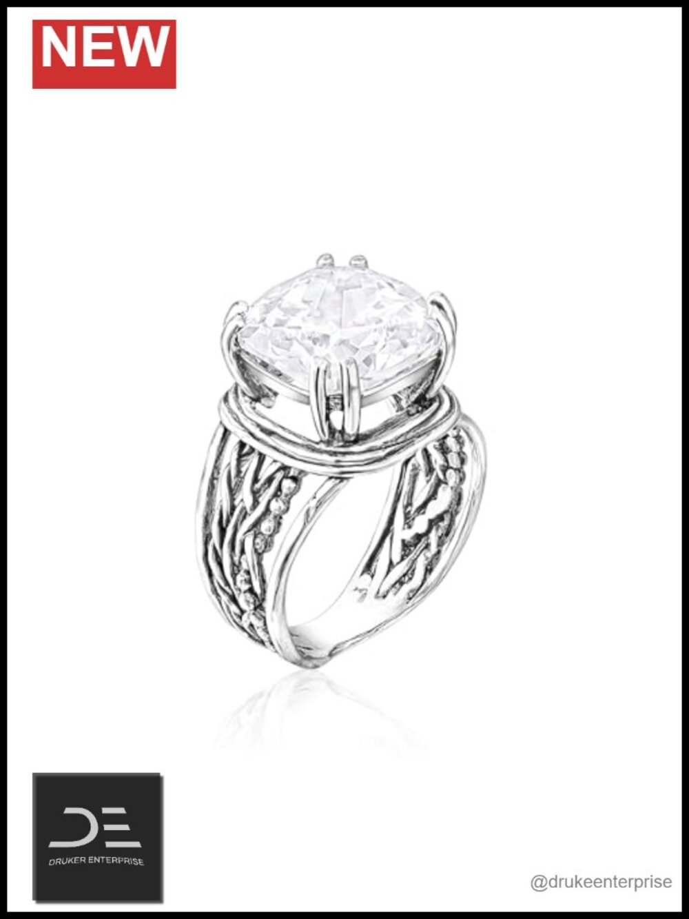 925 Sterling Silver Multi-Strand Wrap Ring Cushion Cut Cubic Zirconia Statement
